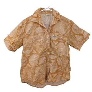 iLio Men's Button Up Shirt Orange White Pattern Short Sleeve Size S